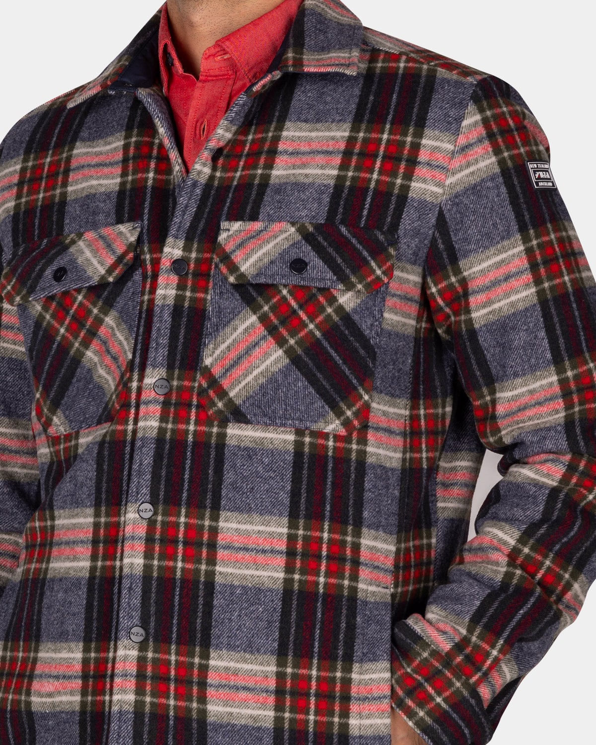 Gray-green-red checkered flannel padded shirt - Winter Navy