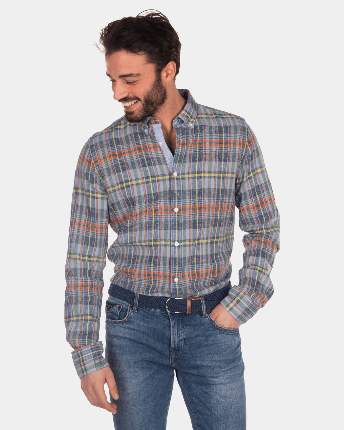 Checkered linen shirt blue yellow red - Blue Multicolour