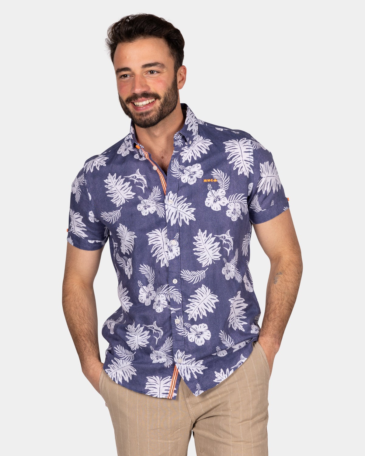 Shirt with white floral print - Ocean Navy