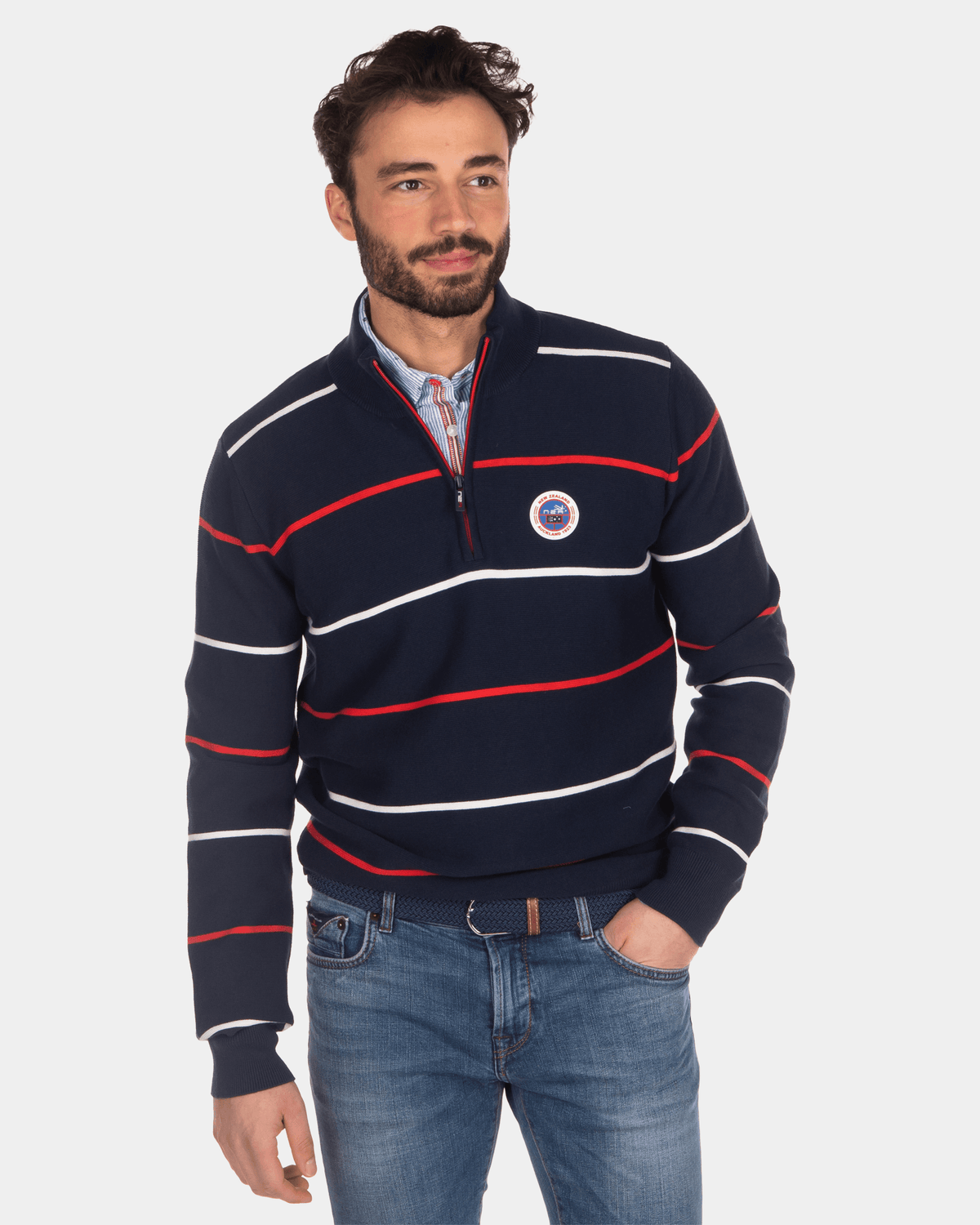 Pull rayé avec demi zip bleu rouge blanc - Industrial Navy