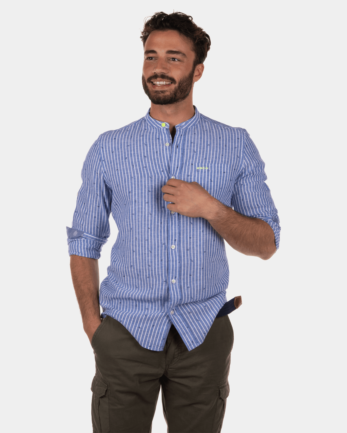 Camisa Rotonuiaha de lino a rayas sin cuello - Chinese Blue