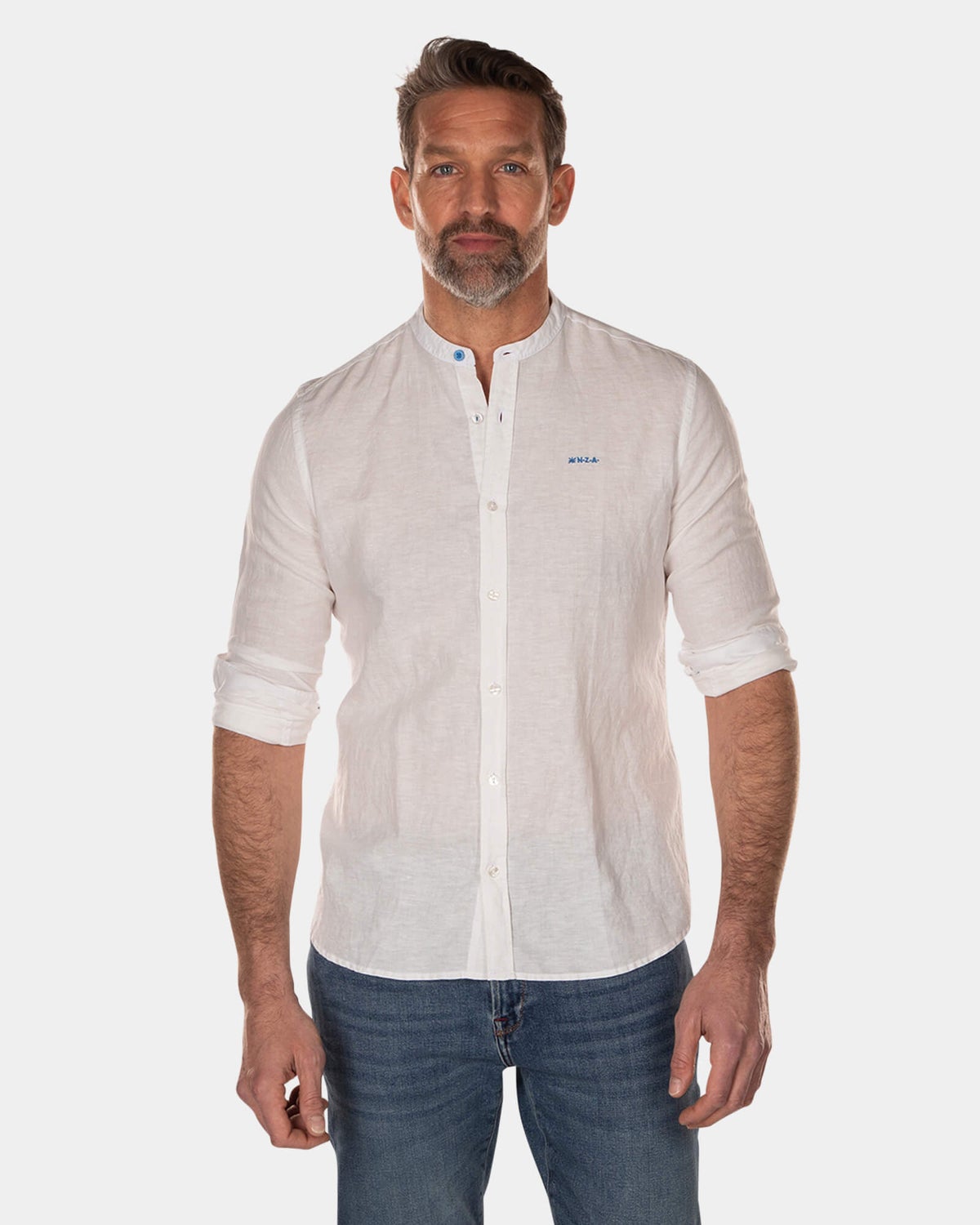 Chemise unie sans col à manches longues - Off White