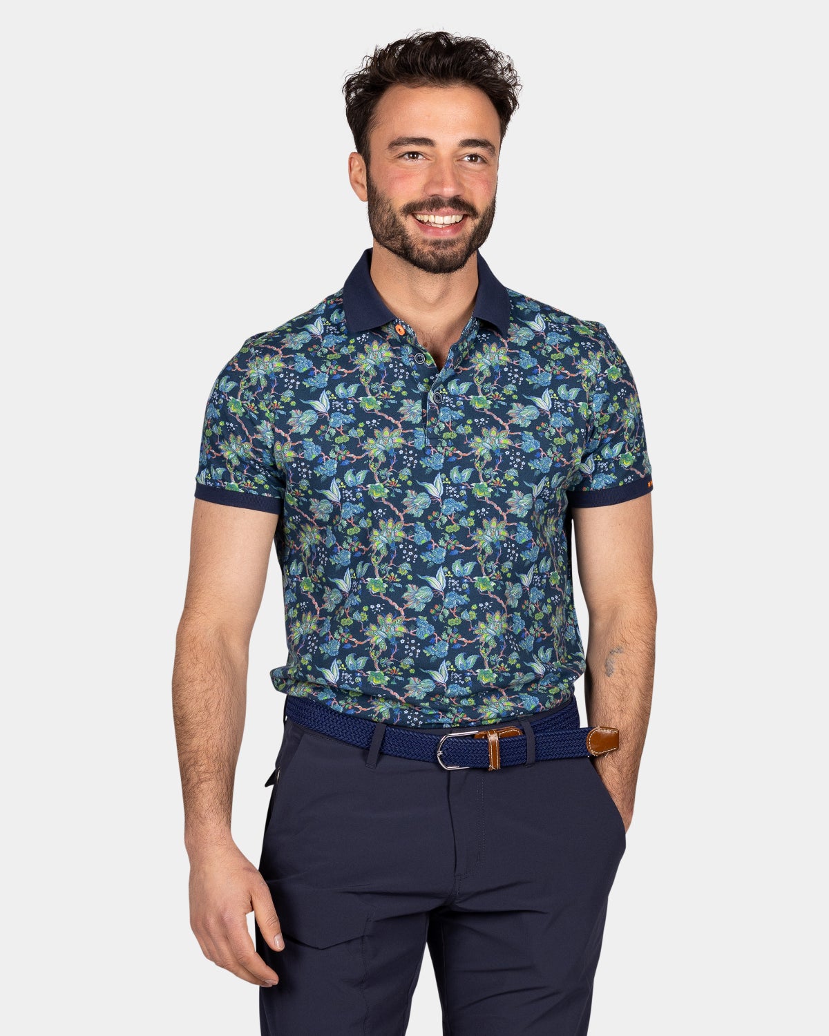 Blauwe polo met bloemenprint - Blue Multi Colour