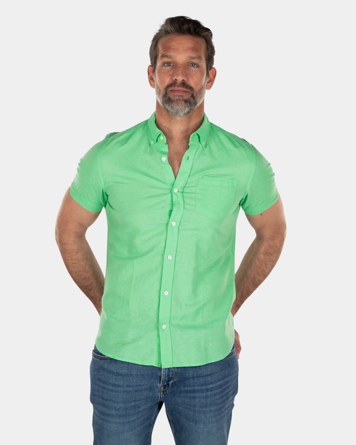 Camisa manga corta lino color liso - Sea Green