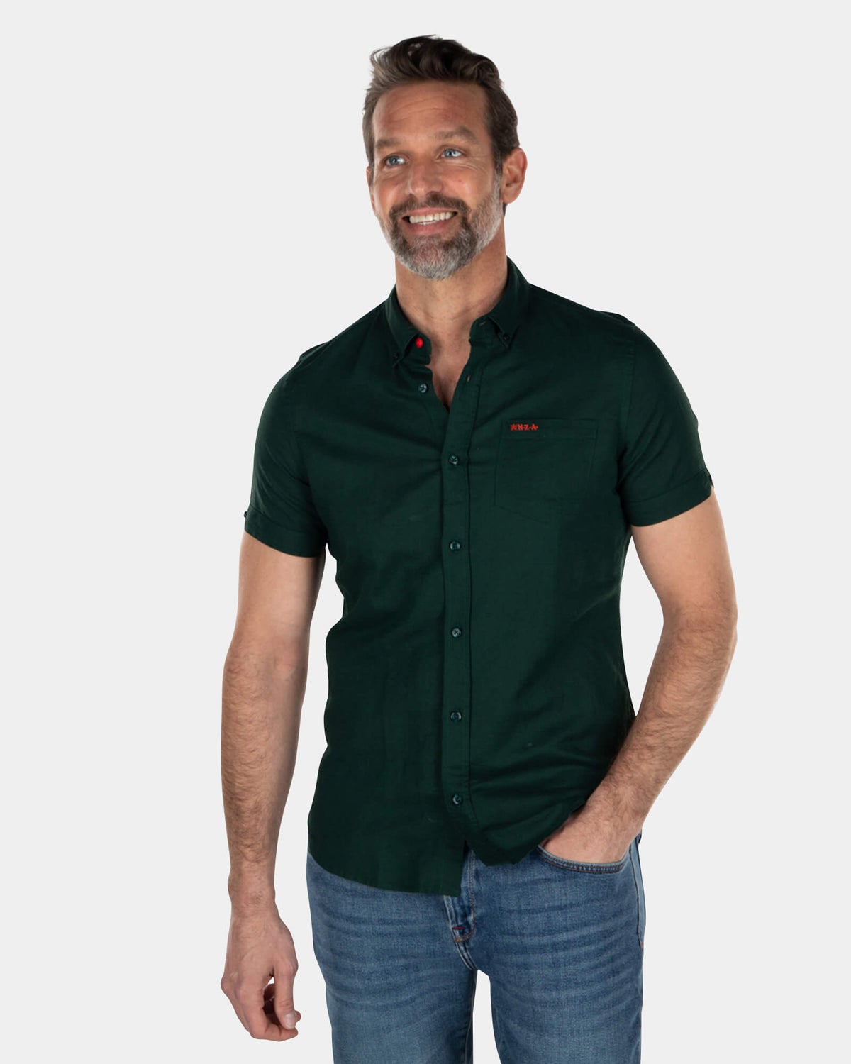 Camisa manga corta lino color liso - Dark Pine