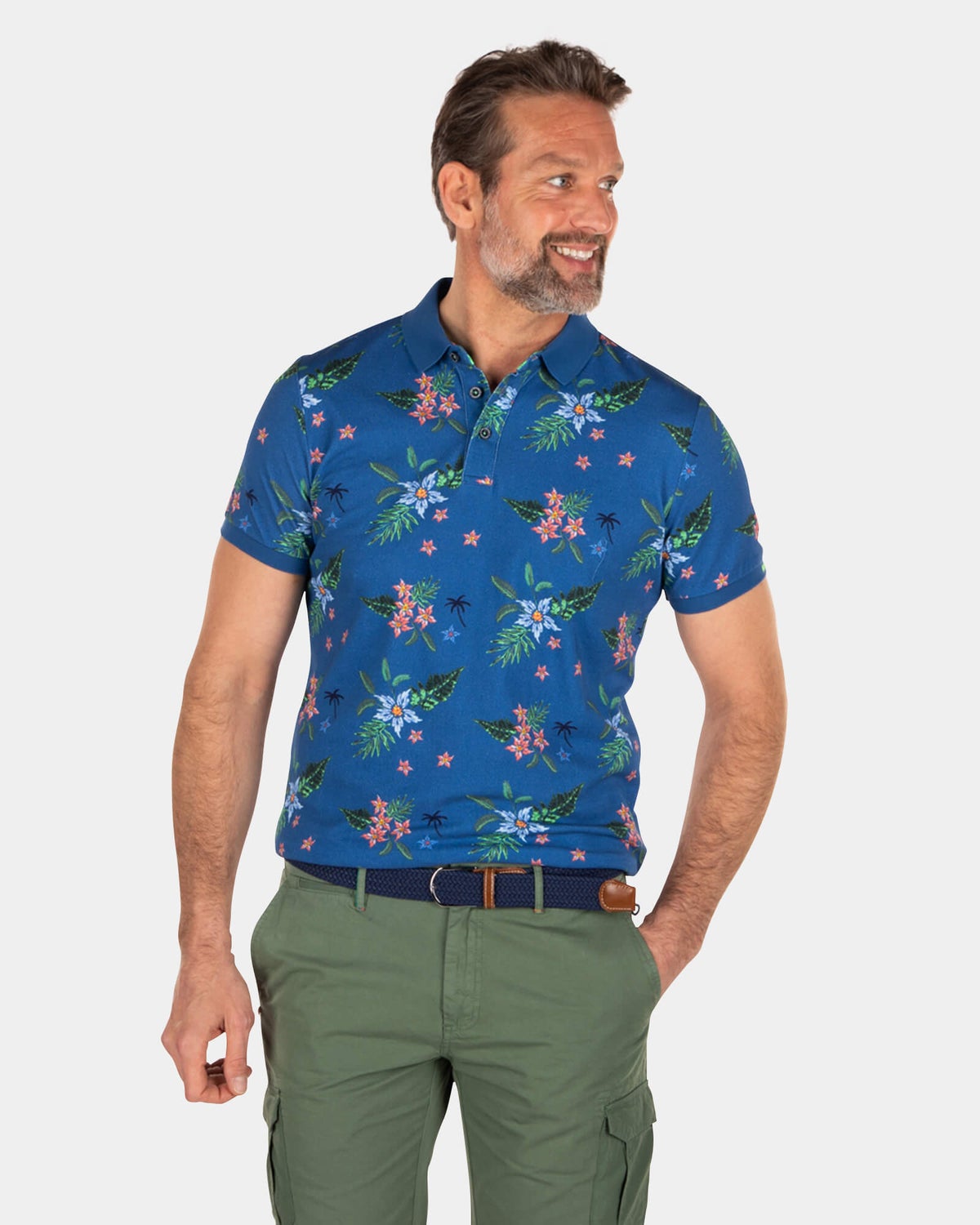 Baumwoll-Poloshirt mit Blumenmuster, marineblau - Key Navy