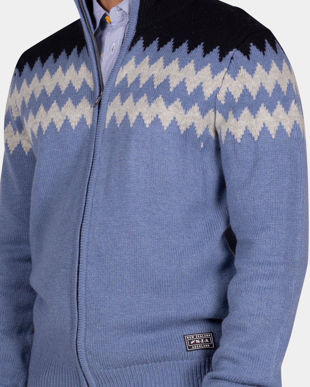 Blue wool cardigan with white pattern - Mineral Blue