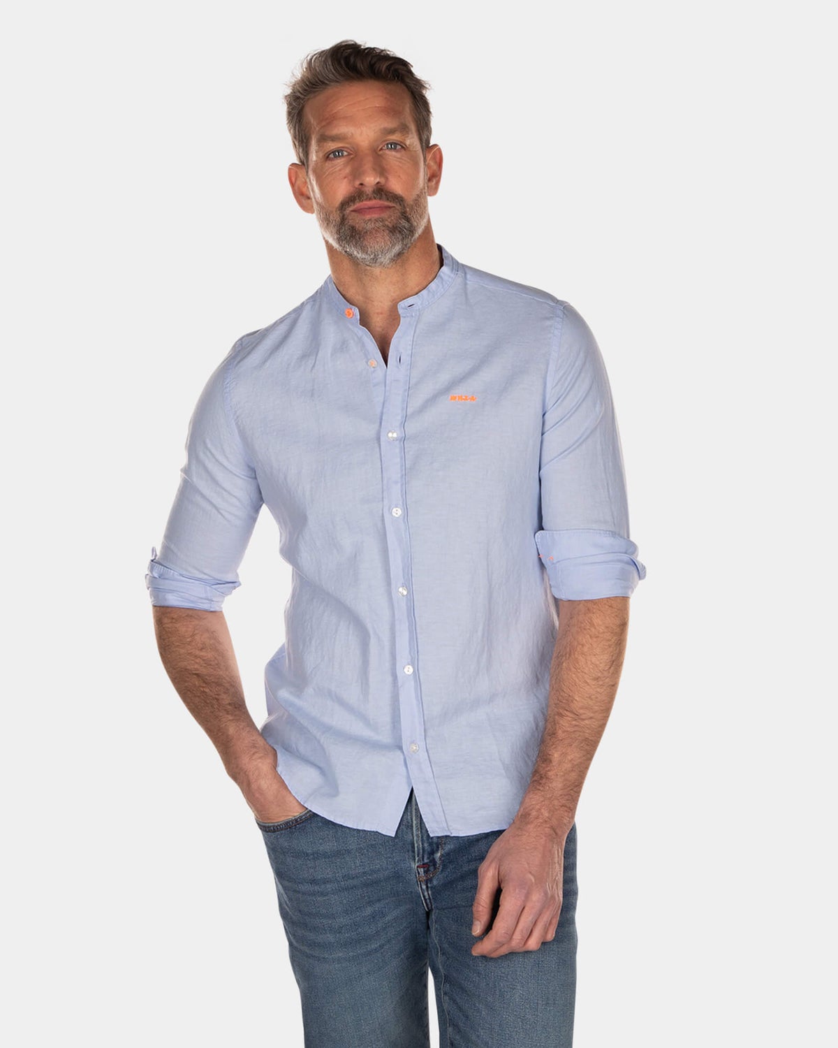 Chemise unie sans col à manches longues - Light Blue