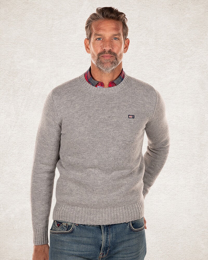 Jersey liso con cuello redondo en lana - Grey Melange