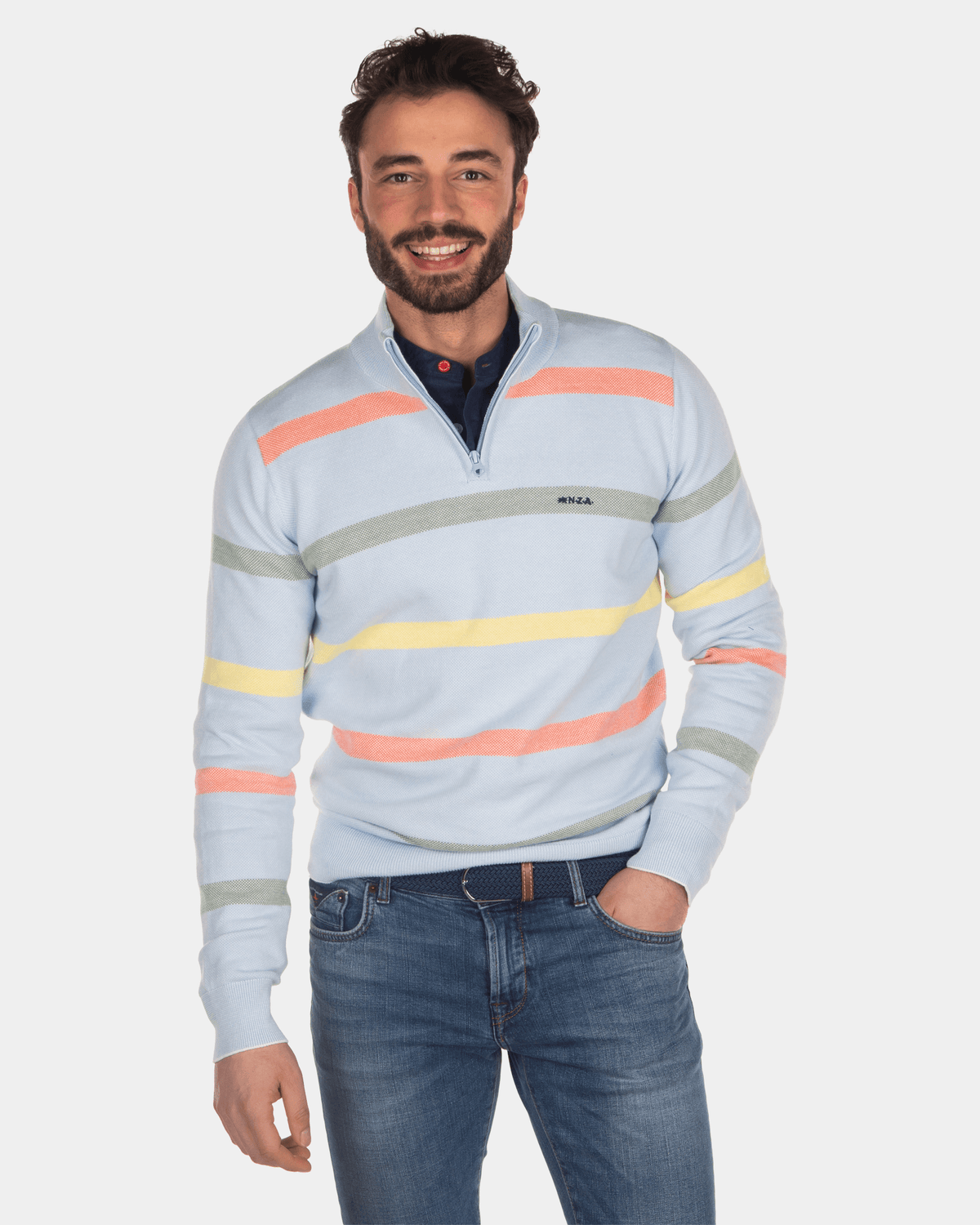 Gestreifter Pullover mit halbem Reißverschluss aus Baumwolle in Blau - Bright Sky