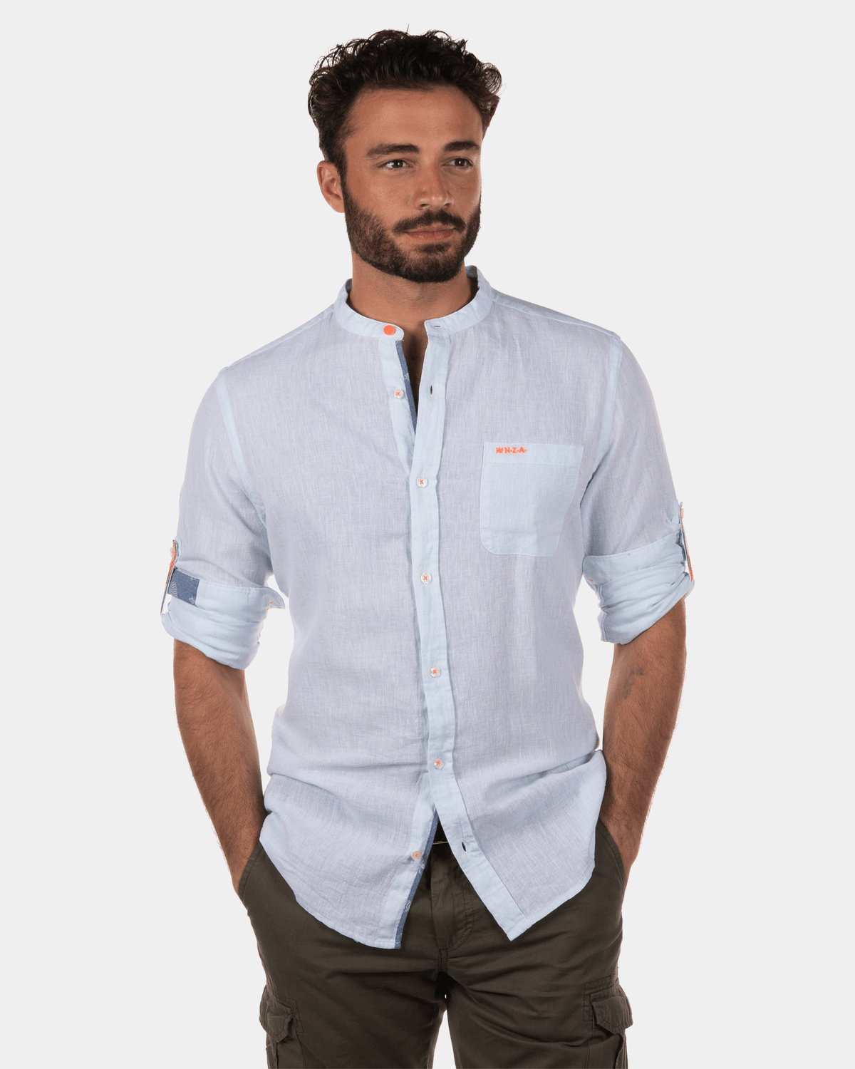 Chemise en lin sans col Hatoananga - Lagune Blue