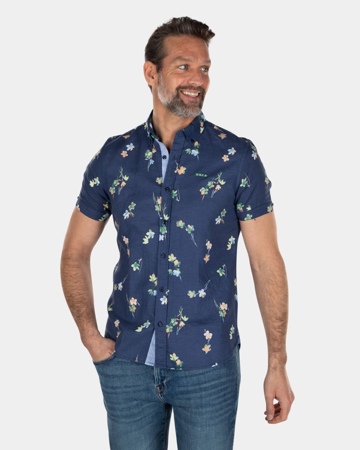 Chemise manches courtes en lin et coton à imprimé fleuri - Key Navy