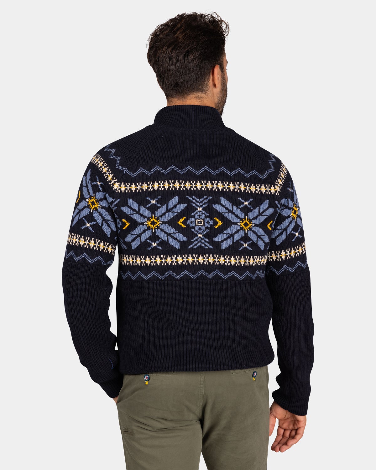 Navy pullover met halve rits en gekleurd motief - Winter Navy