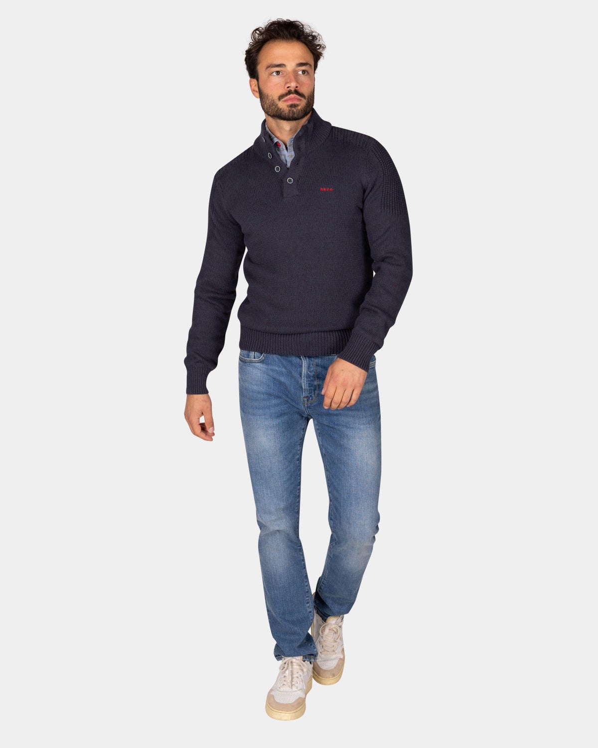 Donkerblauwe gebreide katoenen trui met knopen - Winter Navy