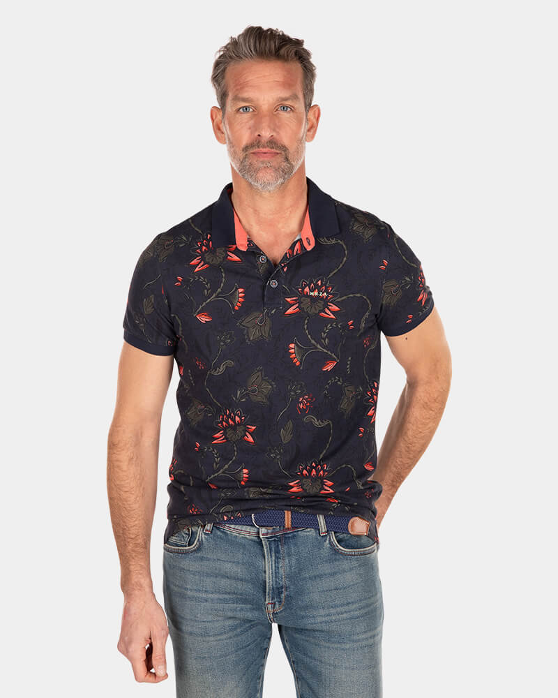 Donkerblauwe polo met bloemenprint - Traditional Navy