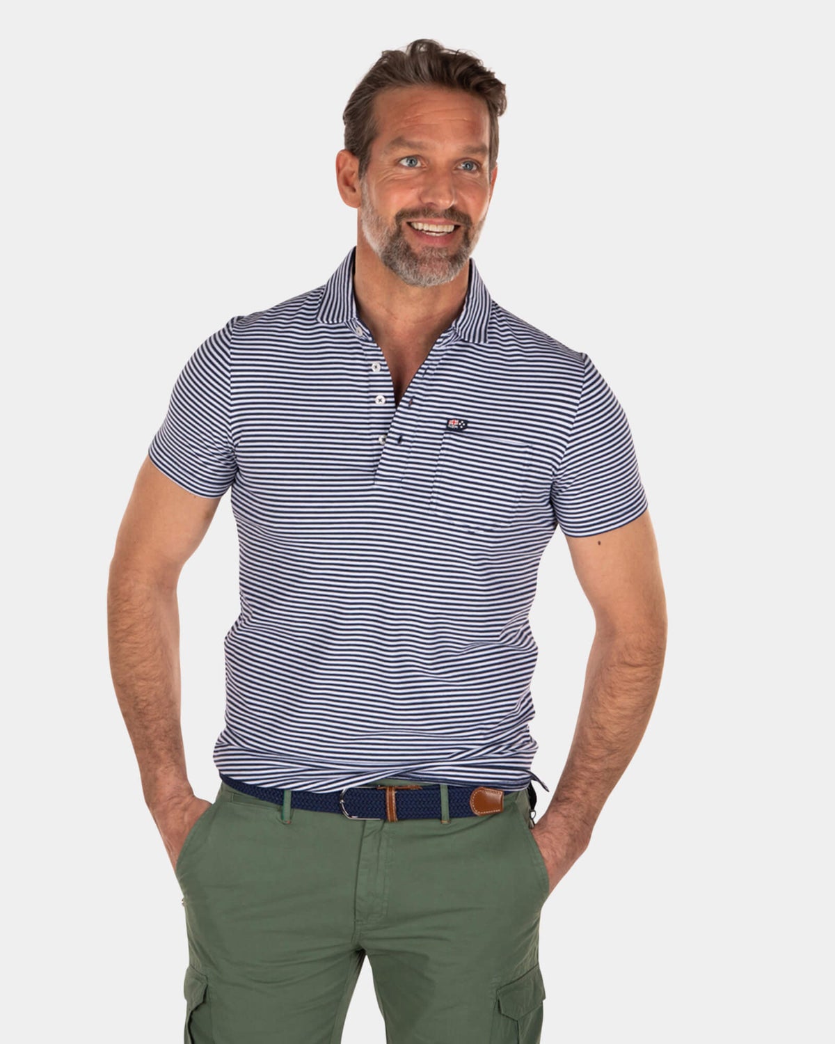 Katoen stretch polo met strepen - Key Navy