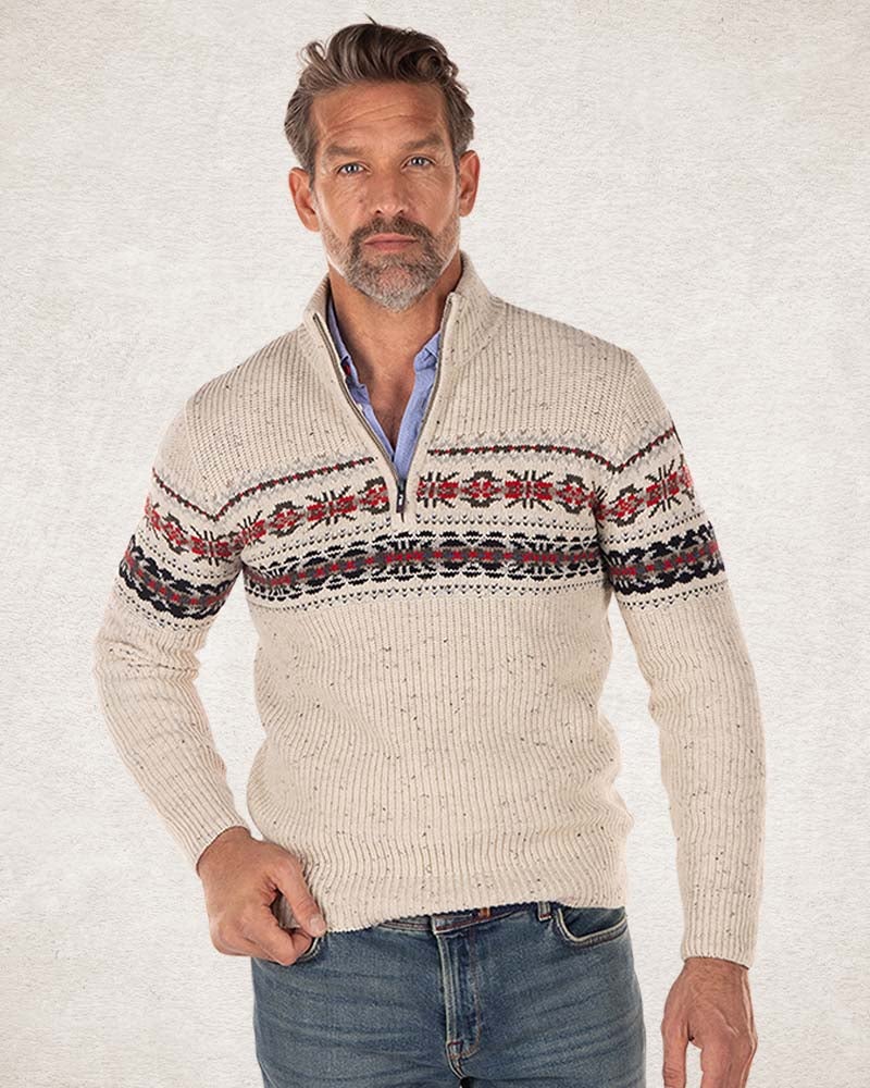 Pullover mit halbem Reißverschluss aus Baumwolle und Wolle - Milky Ecru