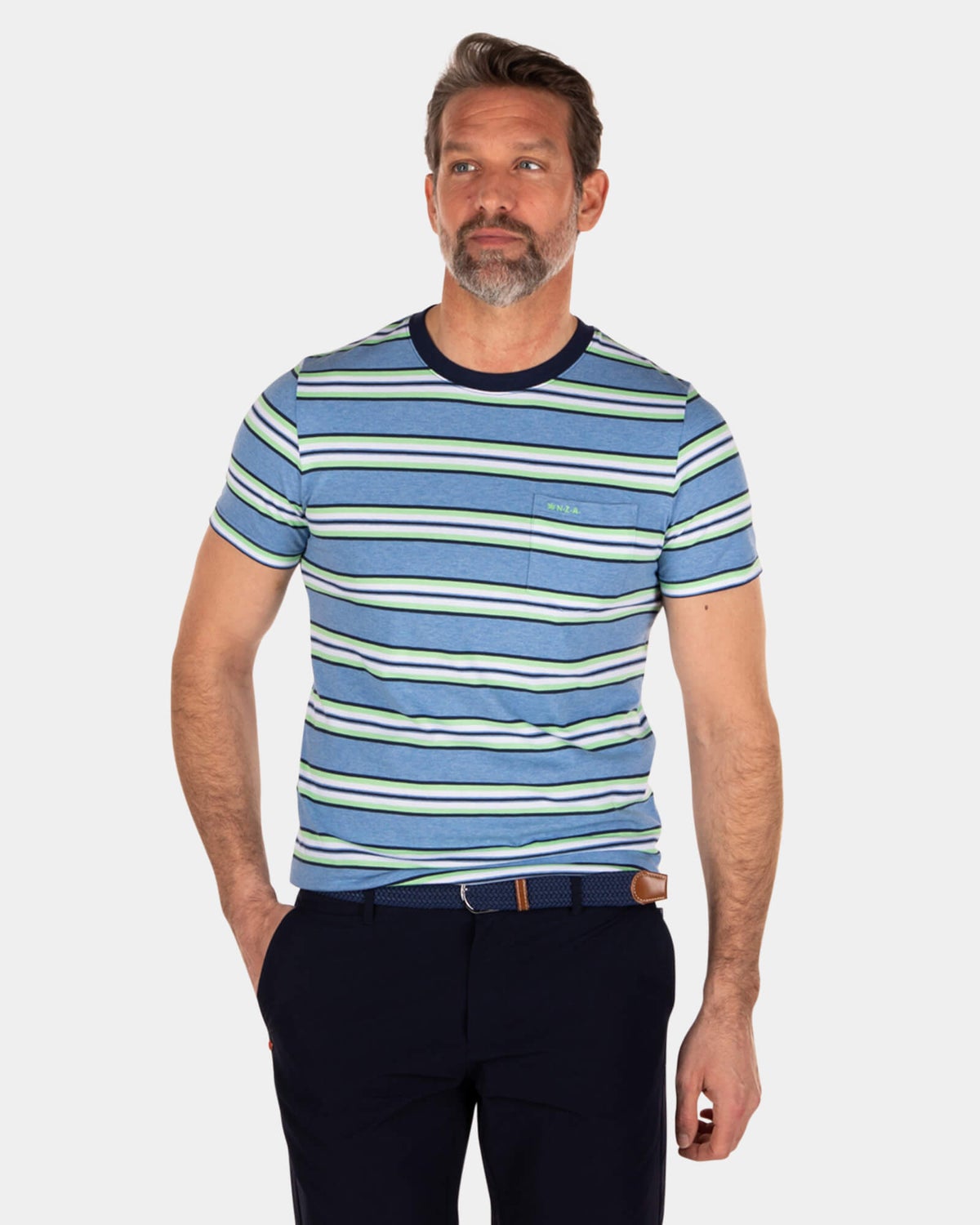 Camiseta de algodón con rayas azul blanco verde