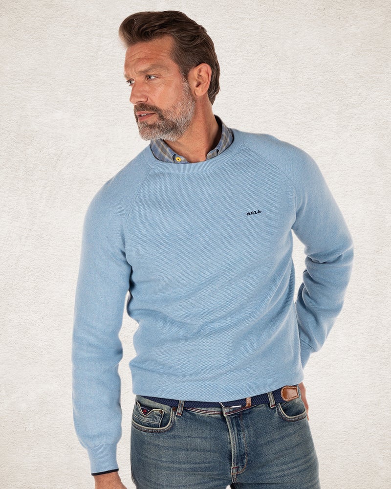 Pull col rond en coton uni - Pale Blue