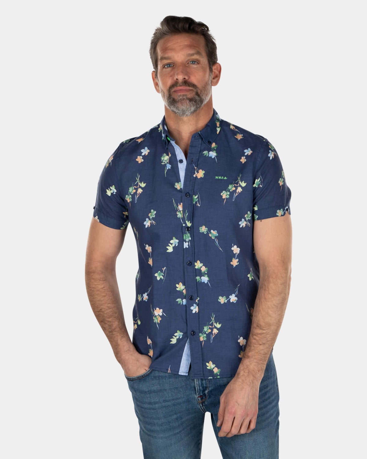 Chemise manches courtes en lin et coton à imprimé fleuri - Key Navy