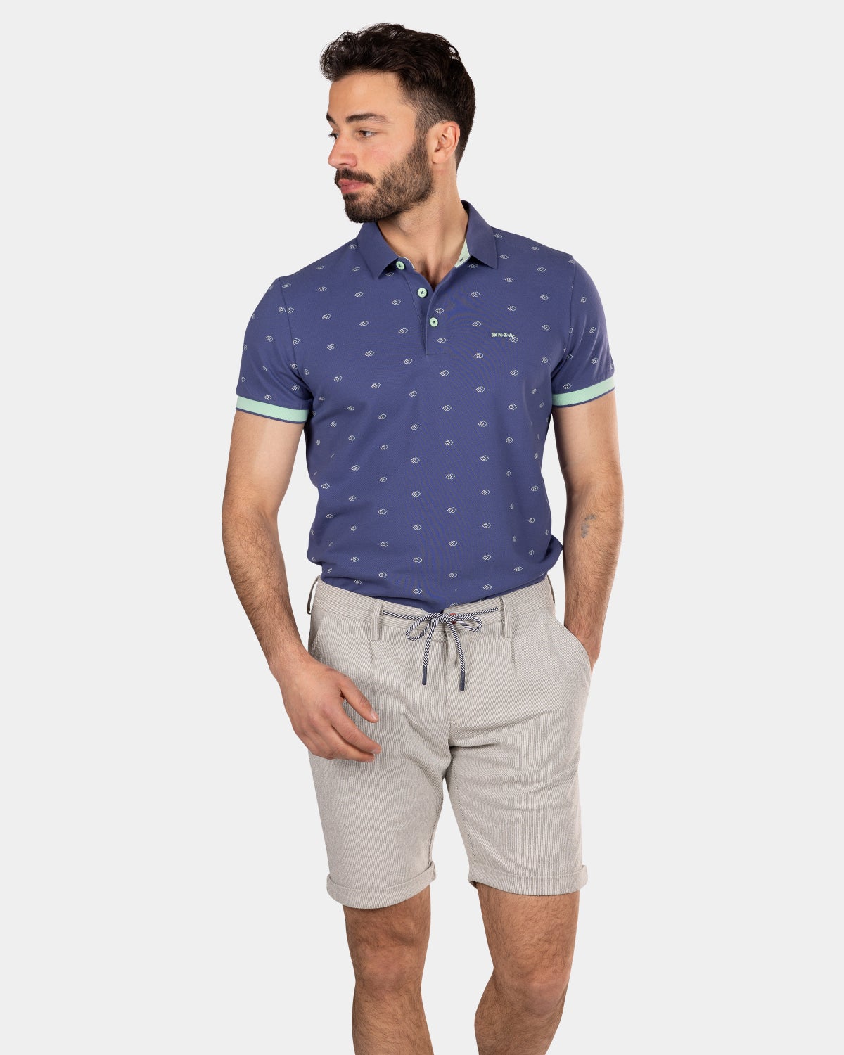 Cotton polo with small print - Dusk Navy