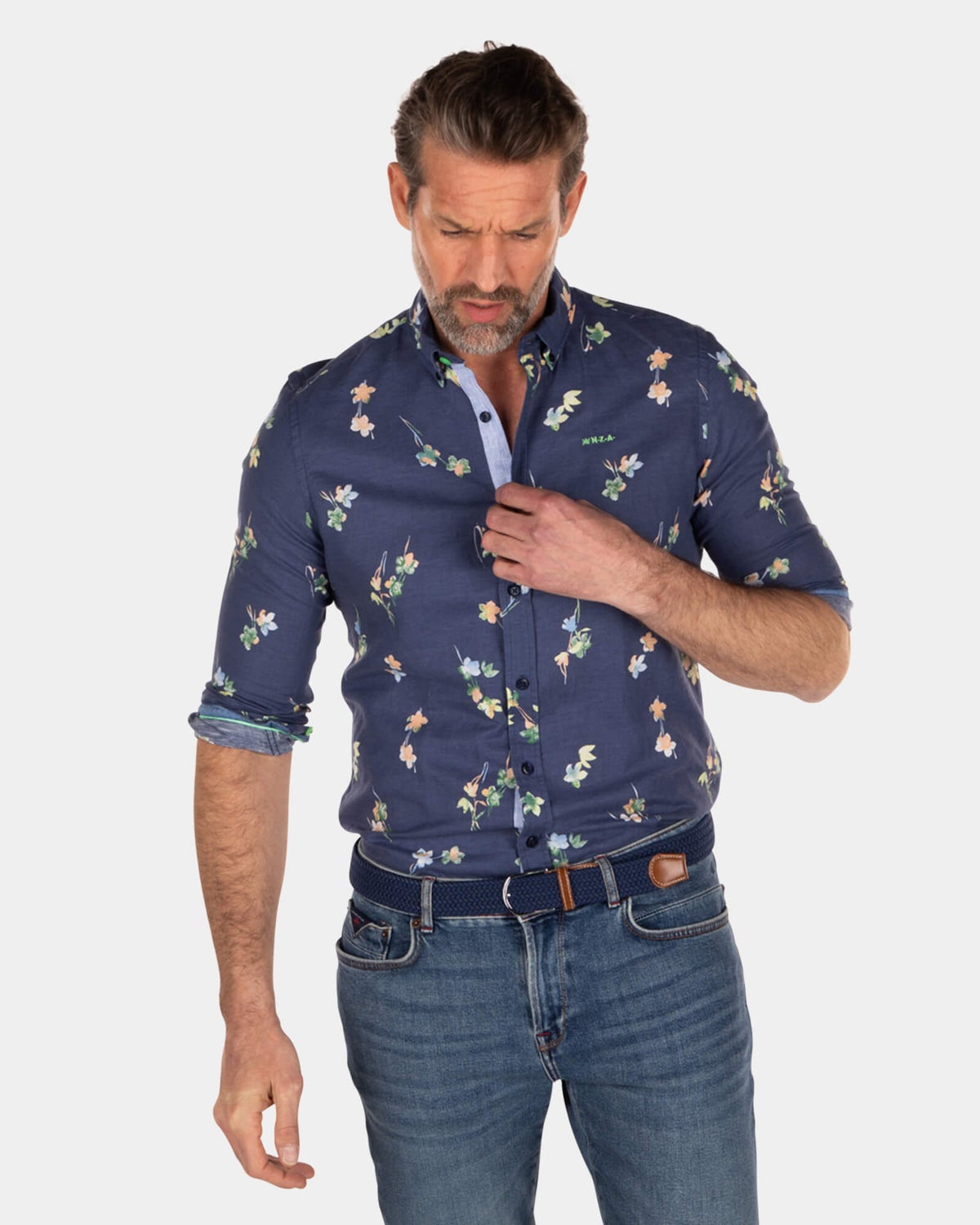 Chemise en lin et coton à imprimé fleuri - Key Navy