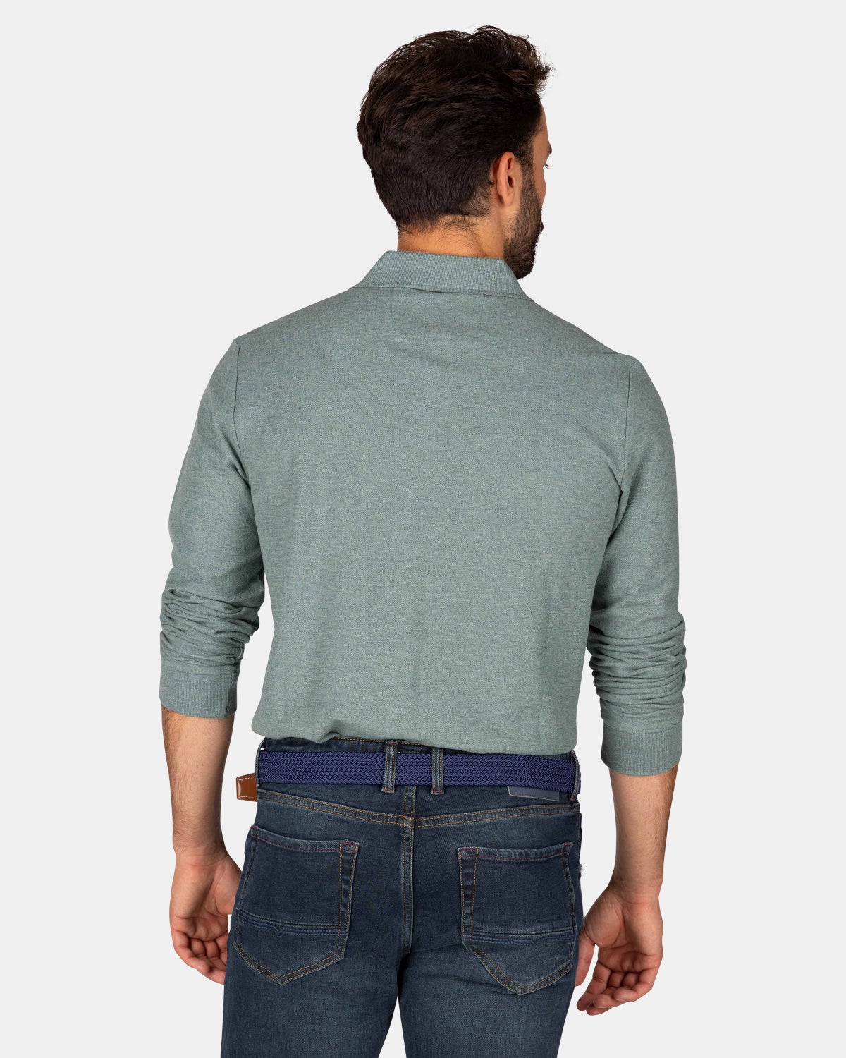 Green cotton long sleeve polo - Pebble Green