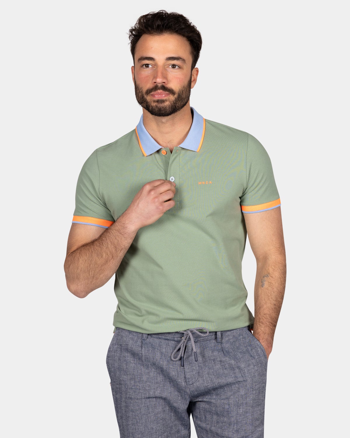 Plain poloshirt with accent colored collar - Soft Olive