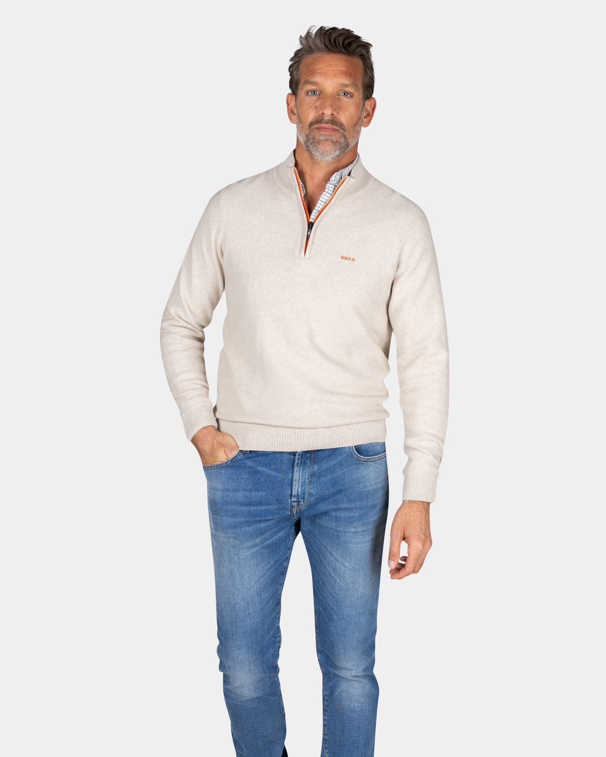 Ecru Baumwoll Pullover mit halbem Reißverschluss - Powder Sand