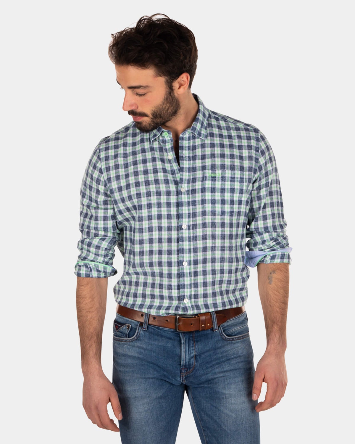 Camisa de cuadros de lino y algodón - Key Navy