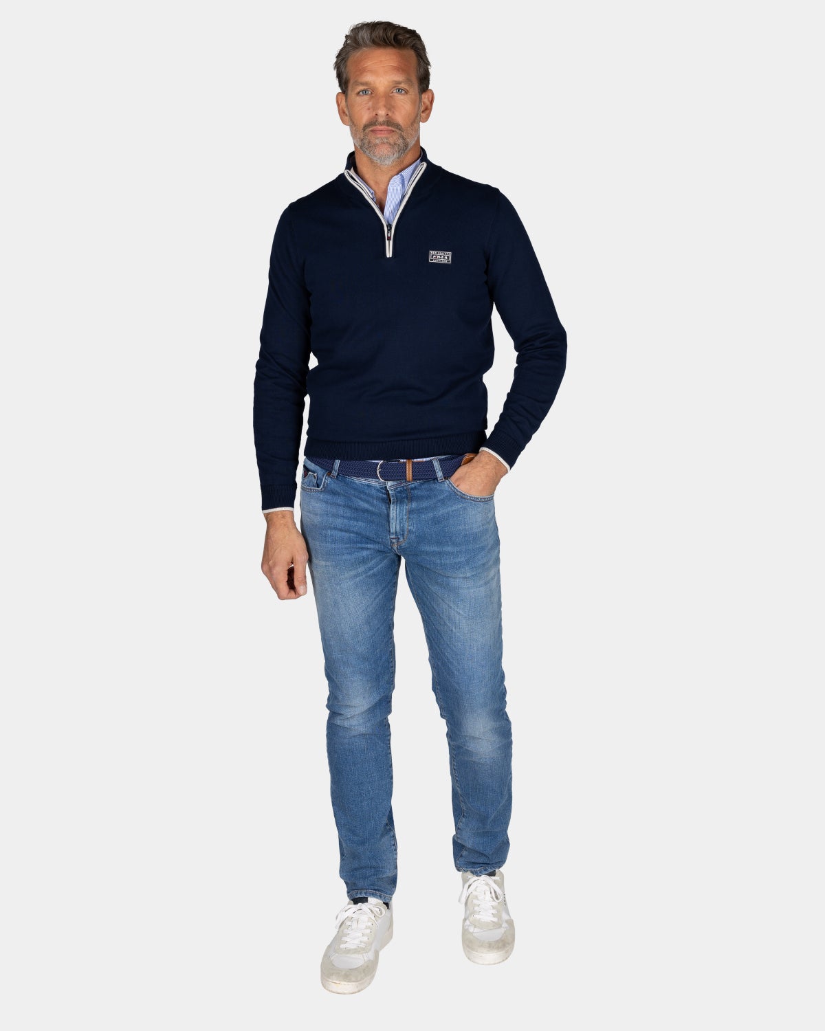 Fijngebreide donkerblauwe trui met halve rits - Autumn Navy