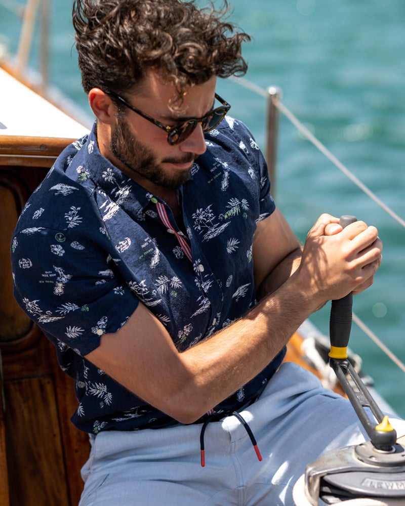Chemise manches courtes coton fleurs marine - Key Navy