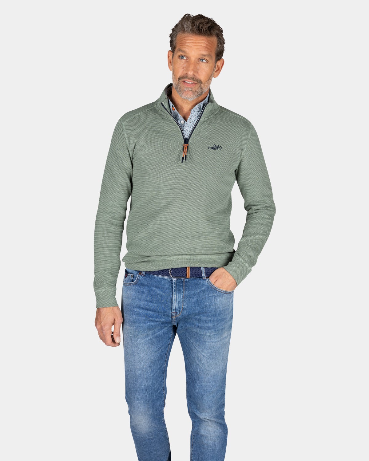 Groene sweater met halve rits - Pebble Green