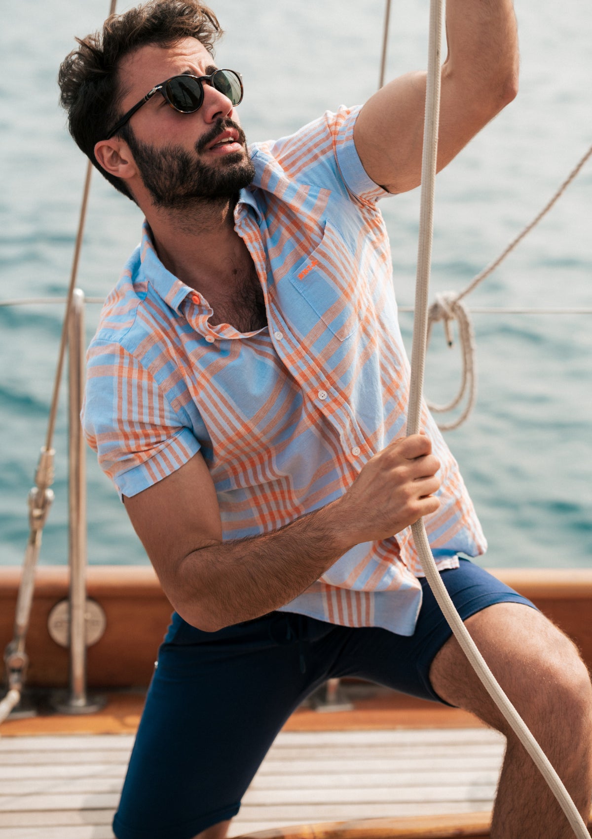 Camisa de cuadros azul con naranja - Light Sky