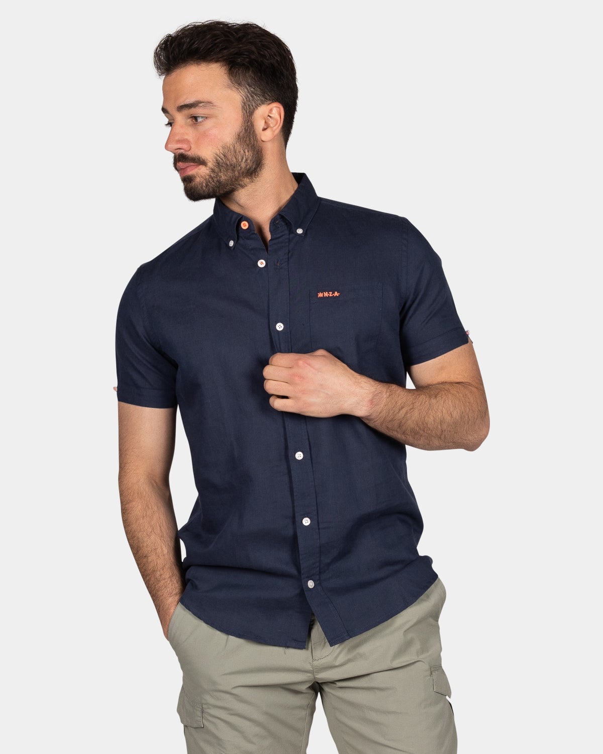 Camisa de lino con manga corta. - Ocean Navy