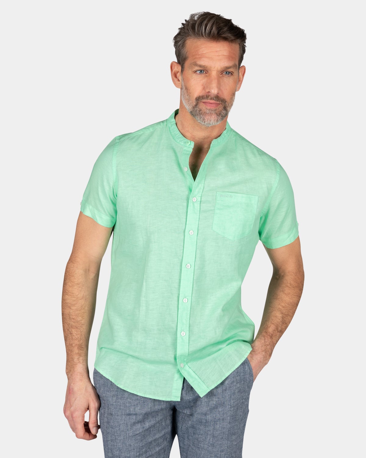 Chemise sans col à manches courtes - Teal Green