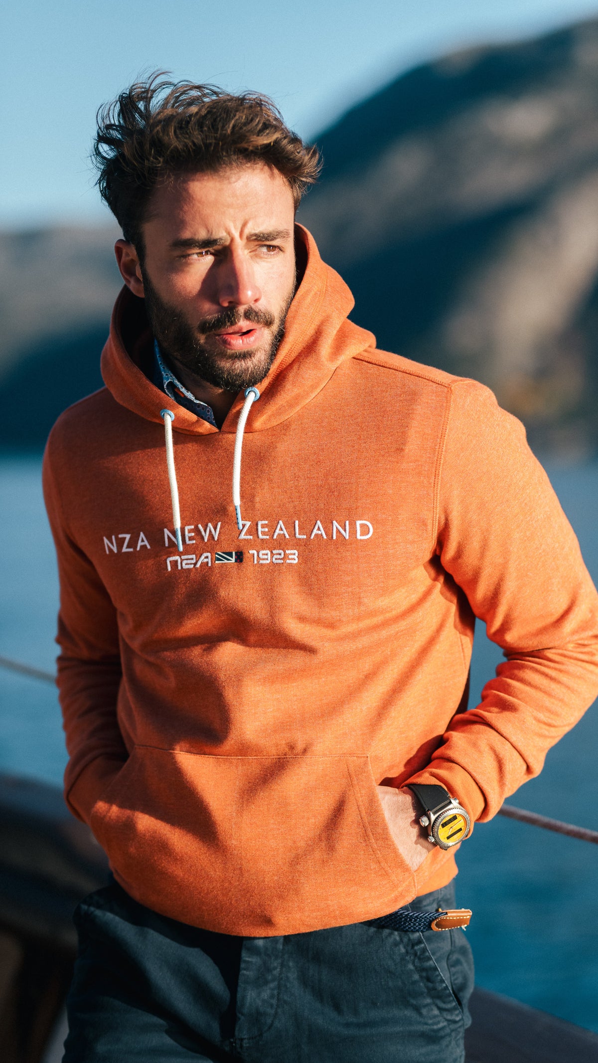 Orange hoodie with chest text - Almond Orange