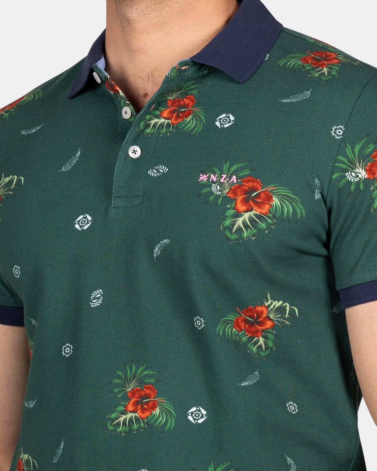 Green polo with red flowers - Classic Green