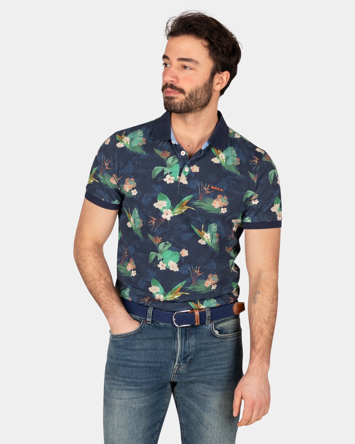 Dunkelblaues Poloshirt mit Blumen - Traditional Navy