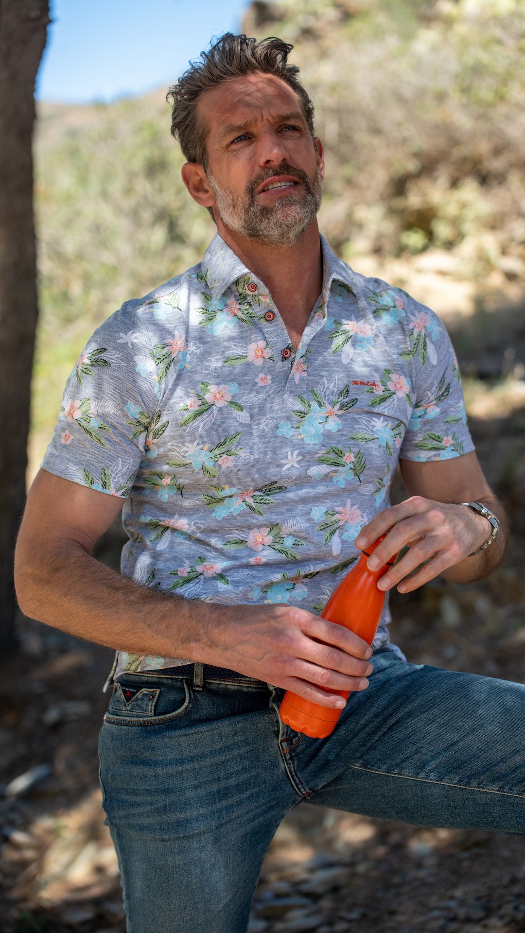 Cotton poloshirt with flowerprint - Traditional Navy