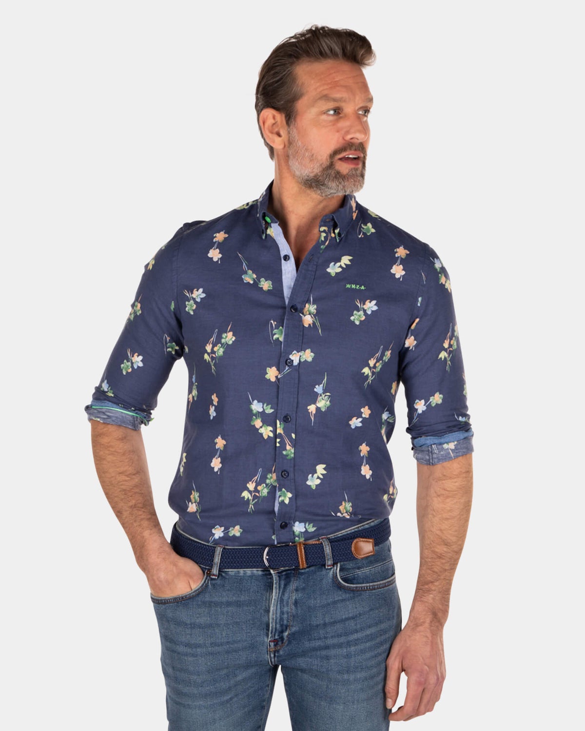 Camisa de lino y algodón con estampado de flores - Key Navy