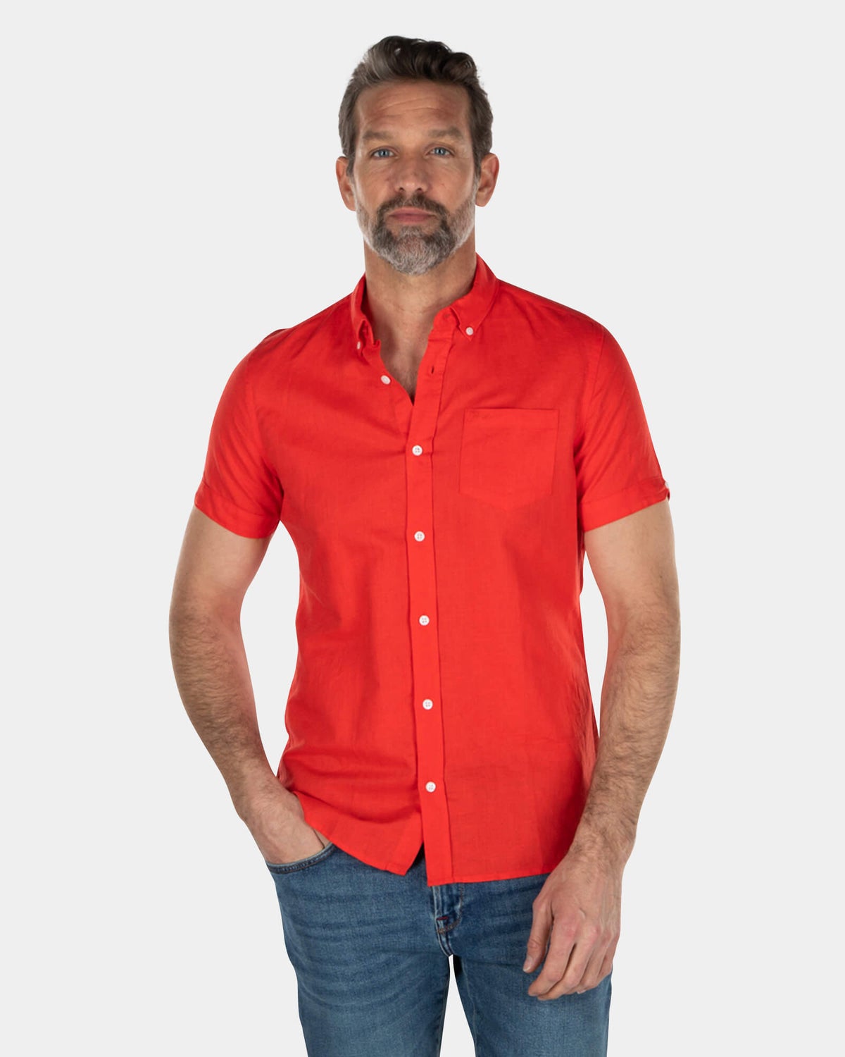 Einfarbiges Leinenhemd mit kurzen Ärmeln - Orange Red