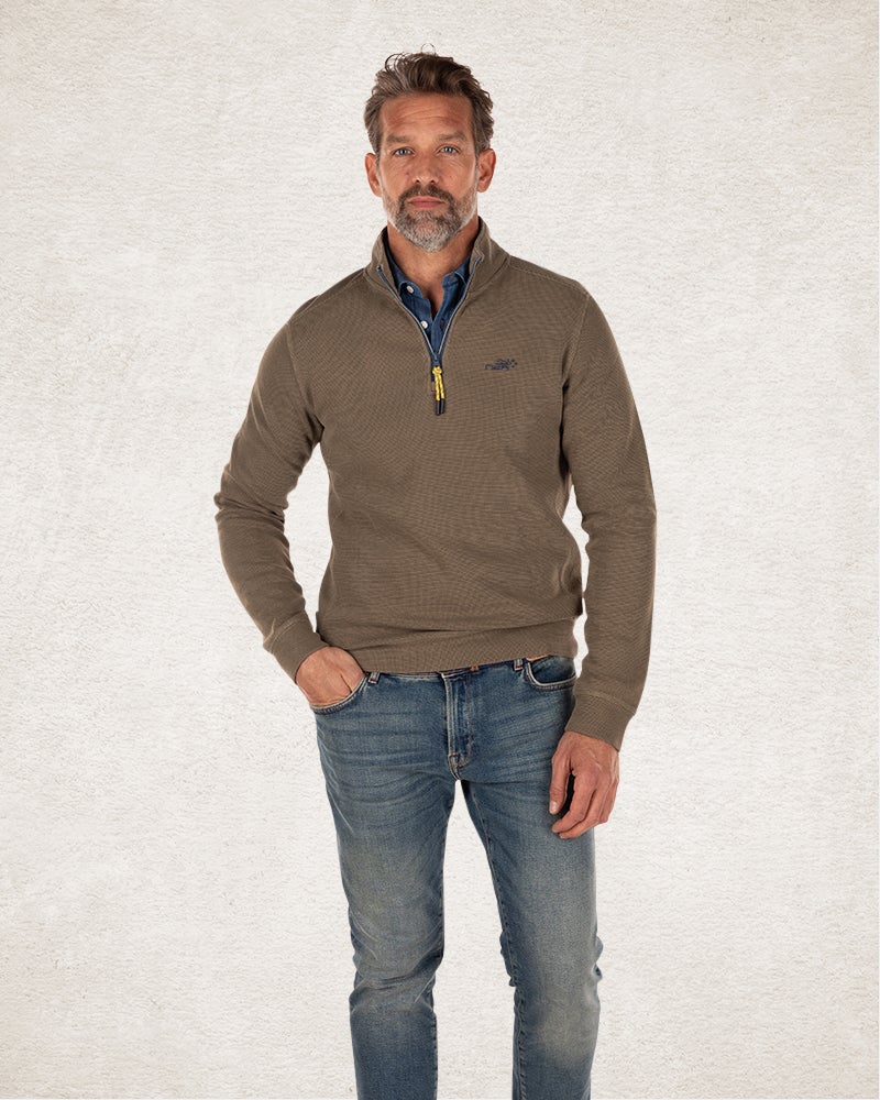 Effen katoenen sweater met halve rits army - Army Ground