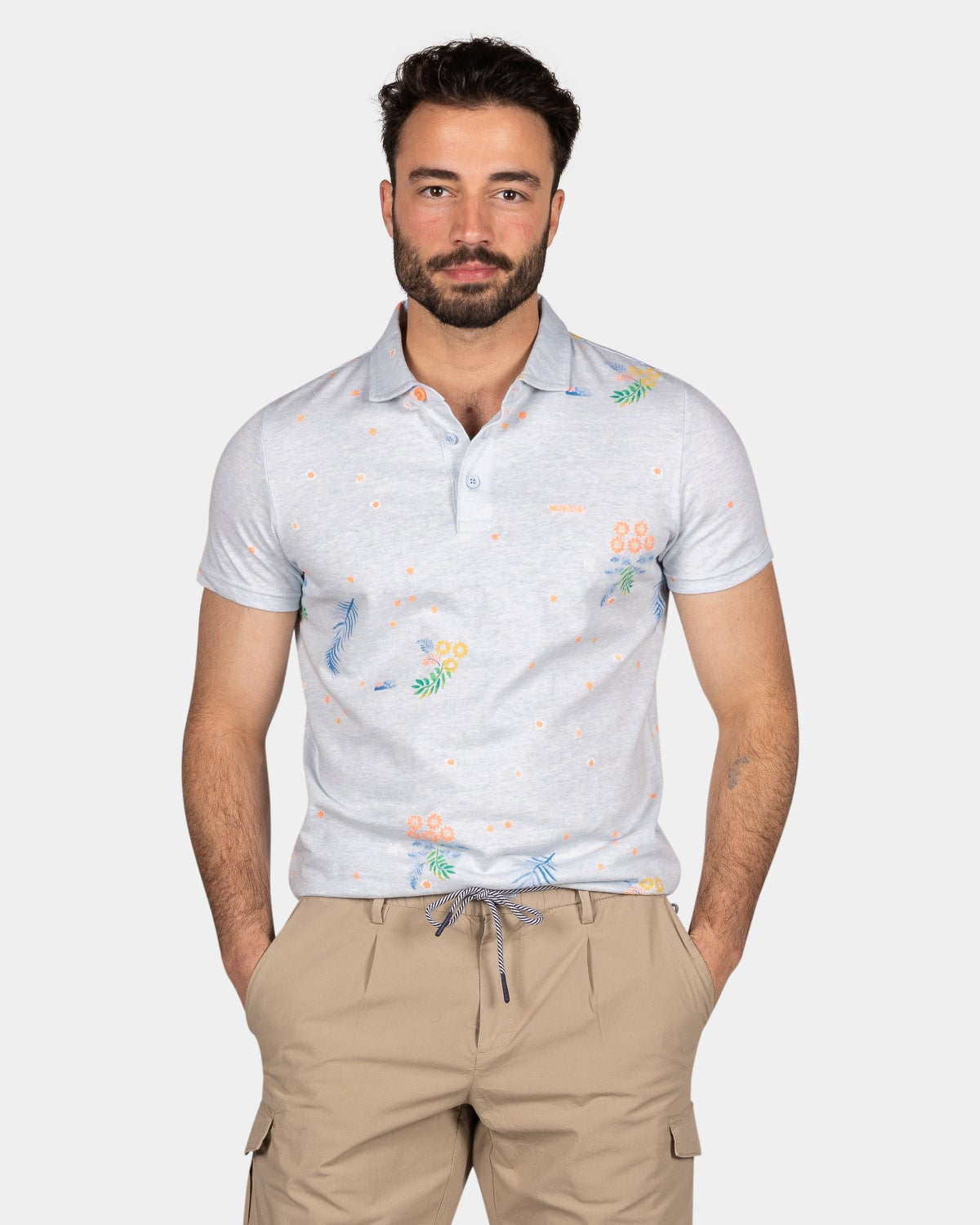 Light blue polo with flowers - Light Sky