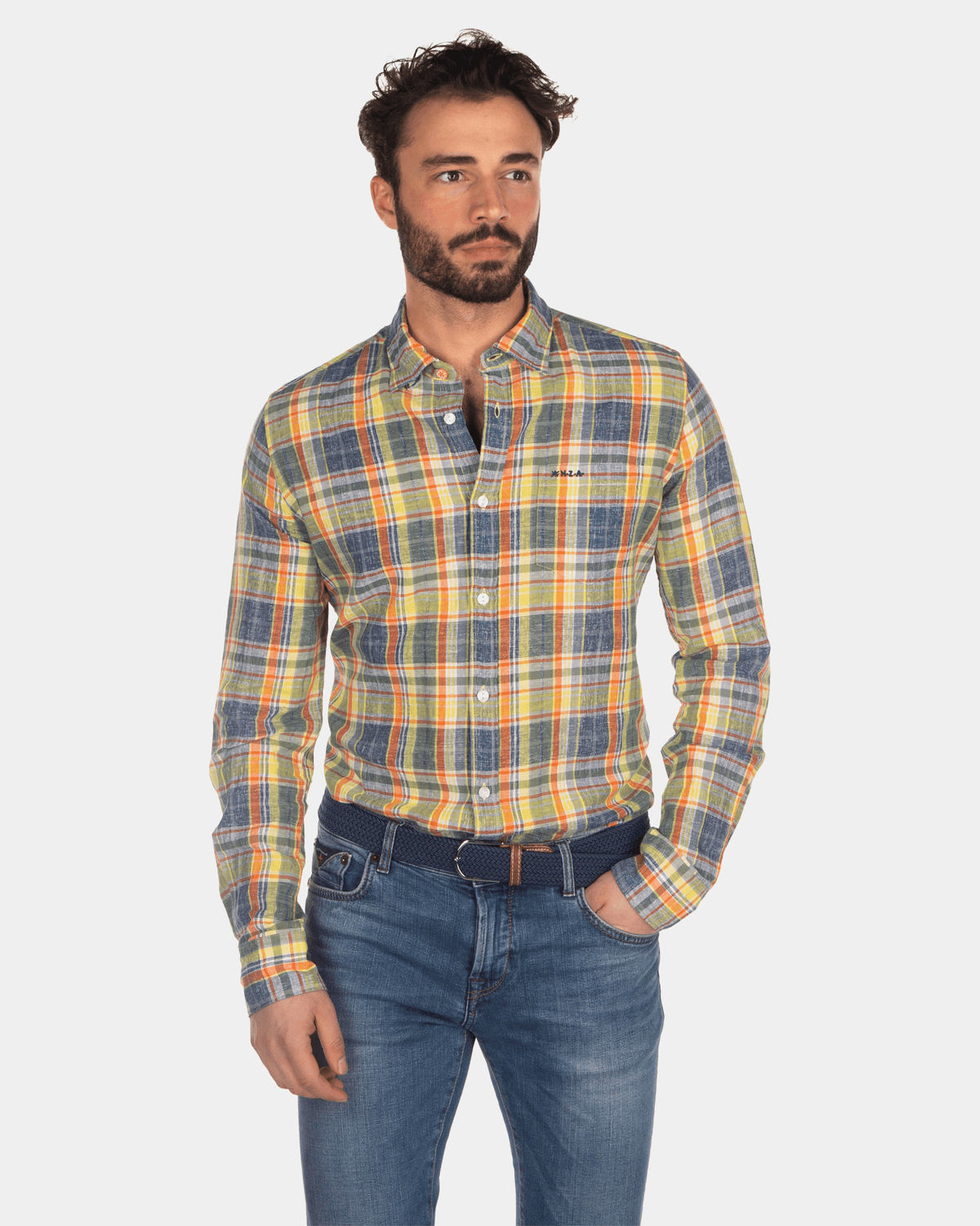 Camisa cuadros lino amarillo azul rojo - Blue Multicolour