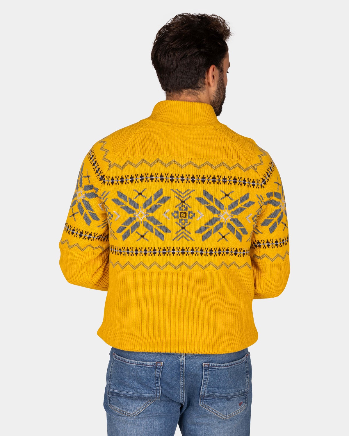 Okergele pullover met halve rits en gekleurd motief - Warm Ocre