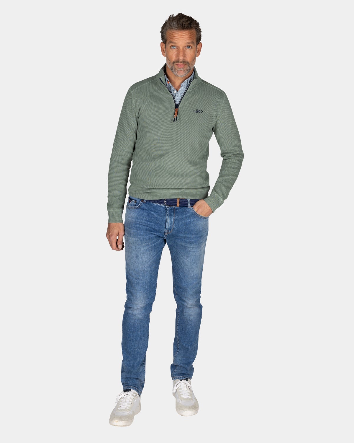 Groene sweater met halve rits - Pebble Green