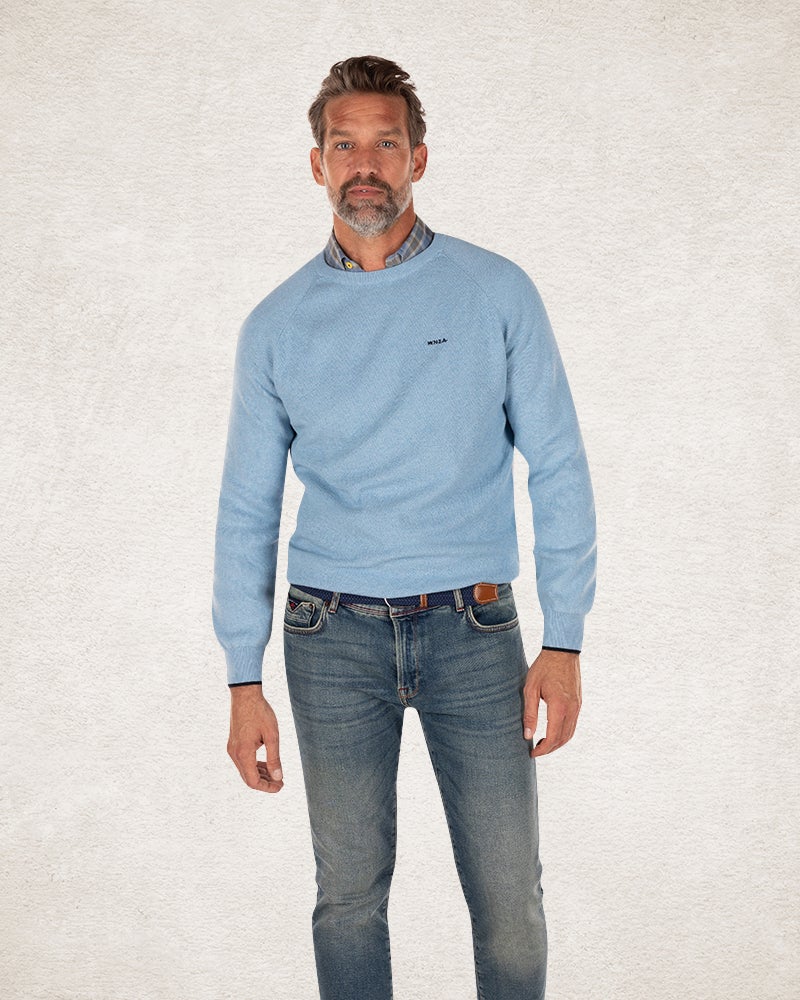 Pull col rond en coton uni - Pale Blue