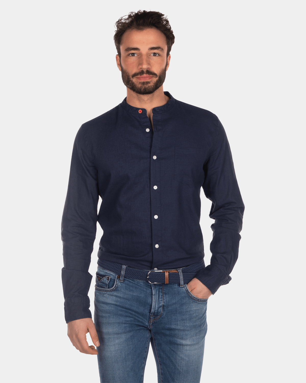 Camisa de lino sin cuello - Key Navy