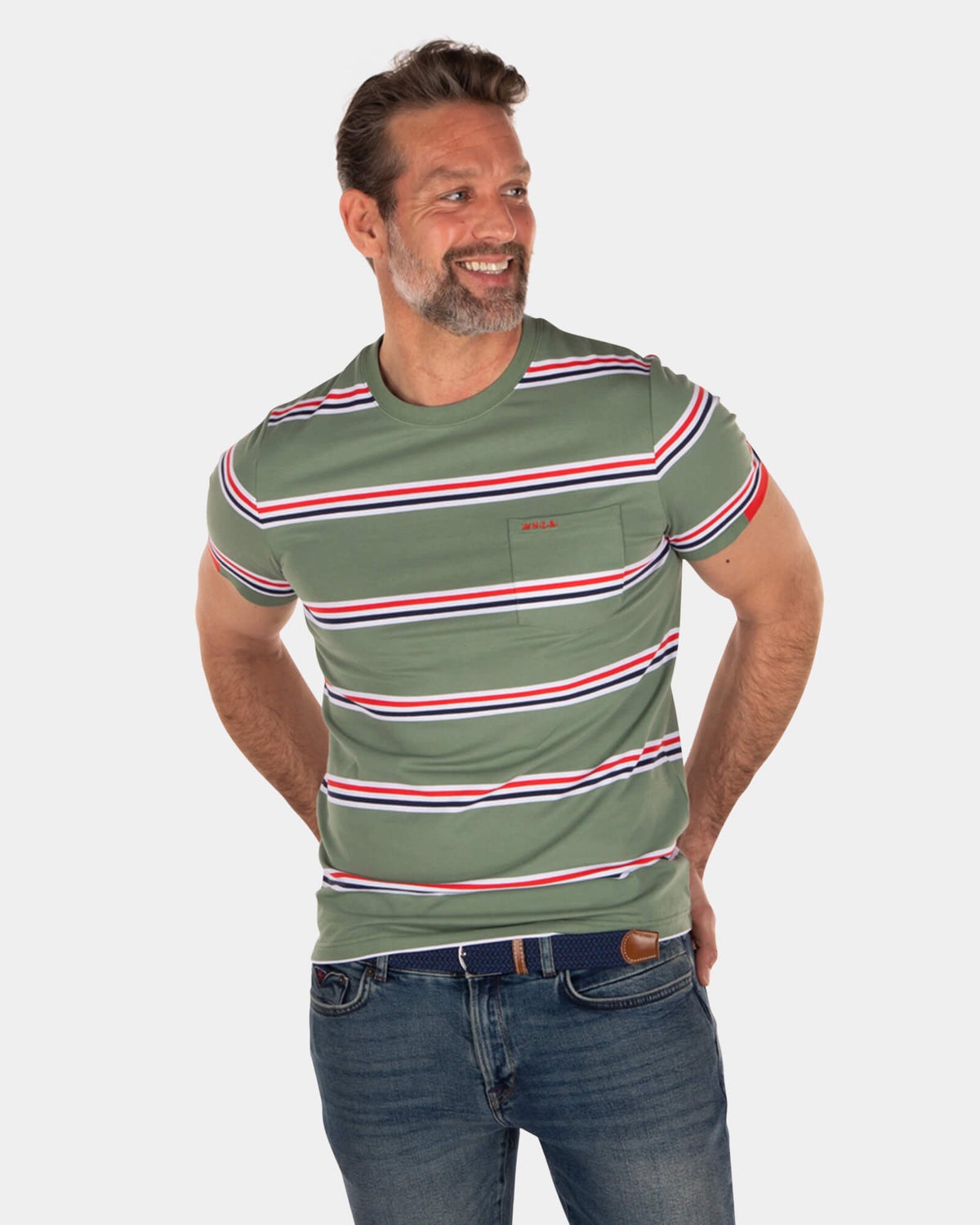 Katoenen stretch t-shirt met strepen groen rood blauw wit - Active Army